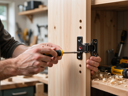 衣柜安装现场照片，工人正在组装柜体，工具整齐摆放，明亮工作环境