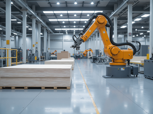 家具生产车间照片，自动化设备正在加工板材，工人操作精密仪器，现代化工厂环境